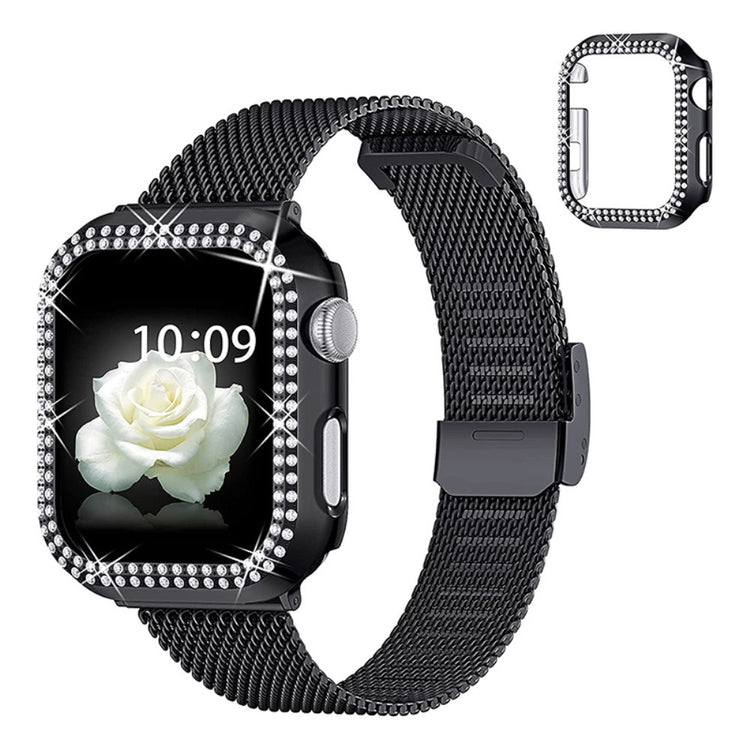 Apple Watch Series 8 (45mm) / Apple Watch Series 7 45mm Metal, Plastik og Rhinsten Rem - Sort#serie_1