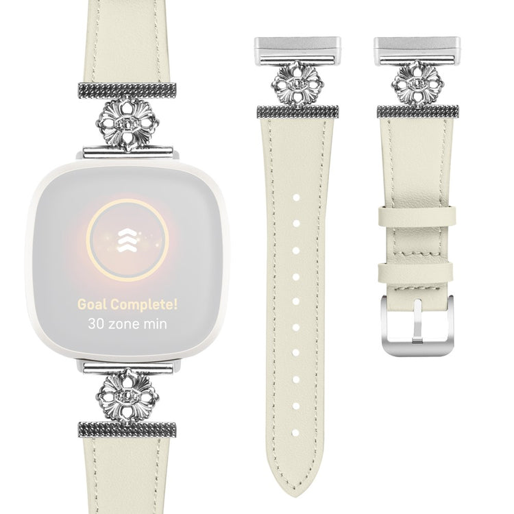 Fitbit Versa 3 / Sense Watch Band Genuine Cow Leather Flower Decor Adjustable Strap - White#serie_2