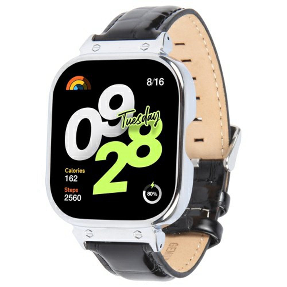 Xiaomi Redmi Watch 4 Genuine Cow Leather Replacement Strap with Silver Metal Watch Case - Bamboo Joint Black#serie_1