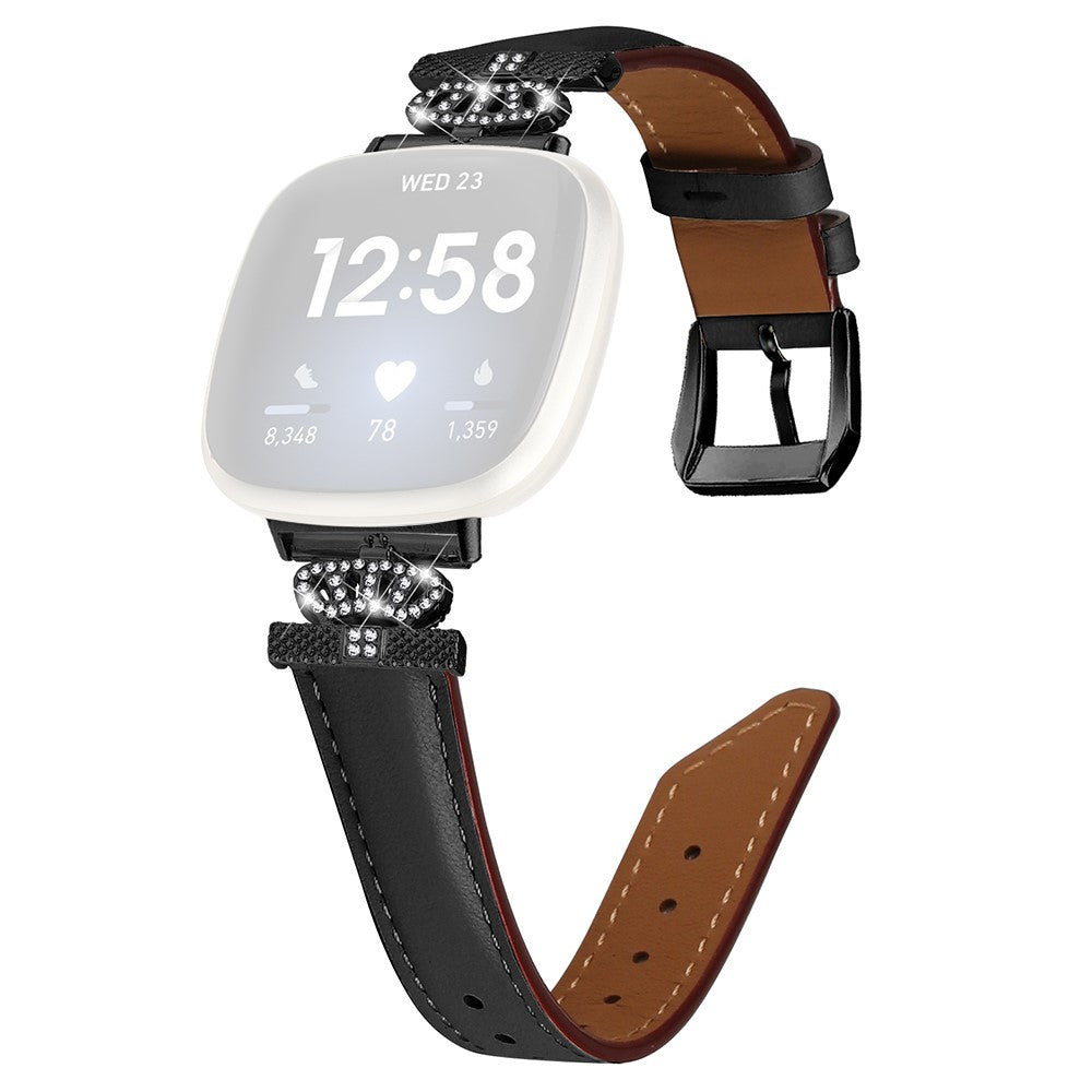 Fed Ægte Læder Og Rhinsten Universal Rem passer til Fitbit Smartwatch - Sort#serie_1