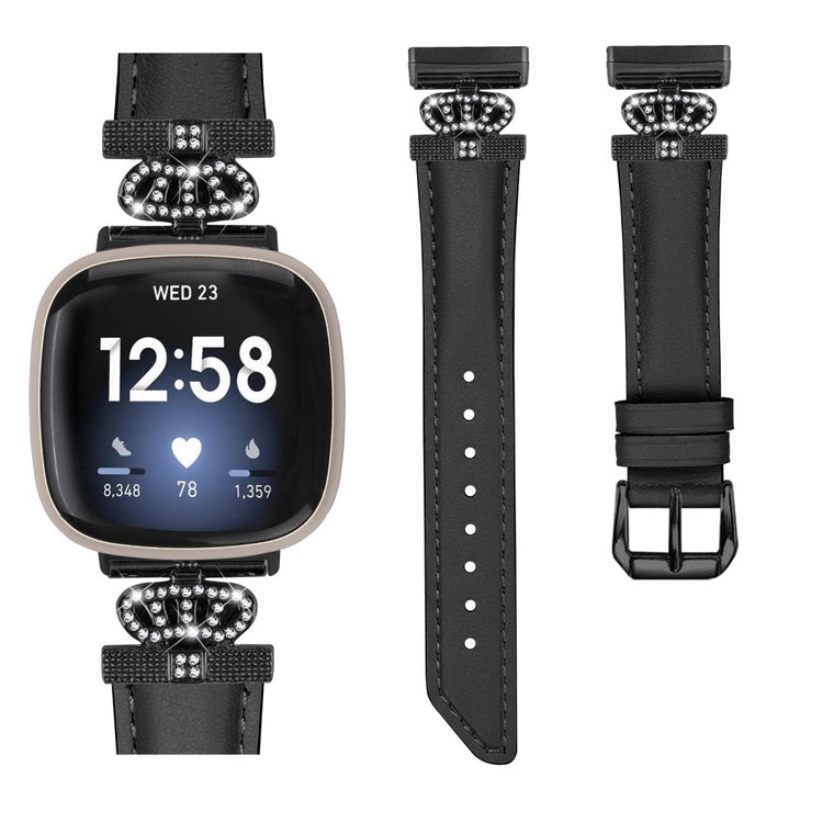 Fed Ægte Læder Og Rhinsten Universal Rem passer til Fitbit Smartwatch - Sort#serie_1