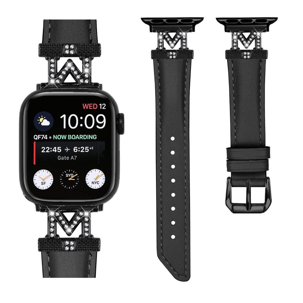 Fint Kunstlæder Og Rhinsten Universal Rem passer til Apple Smartwatch - Sort#serie_1