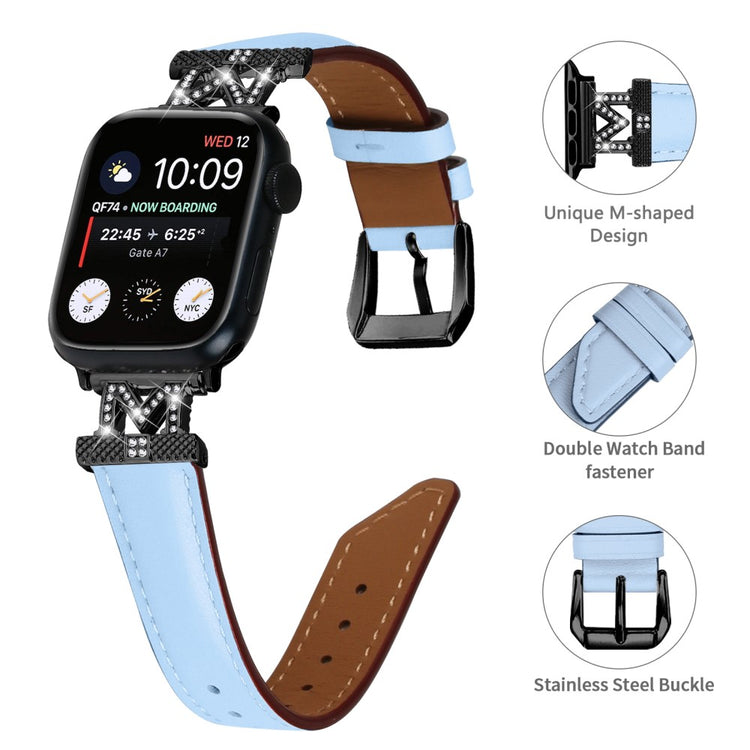 Fint Kunstlæder Og Rhinsten Universal Rem passer til Apple Smartwatch - Blå#serie_4