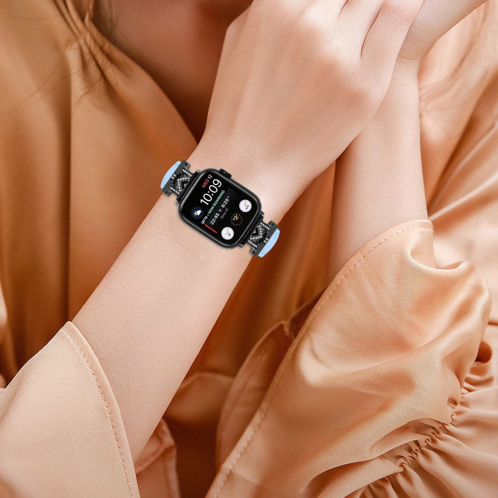 Fint Kunstlæder Og Rhinsten Universal Rem passer til Apple Smartwatch - Blå#serie_4