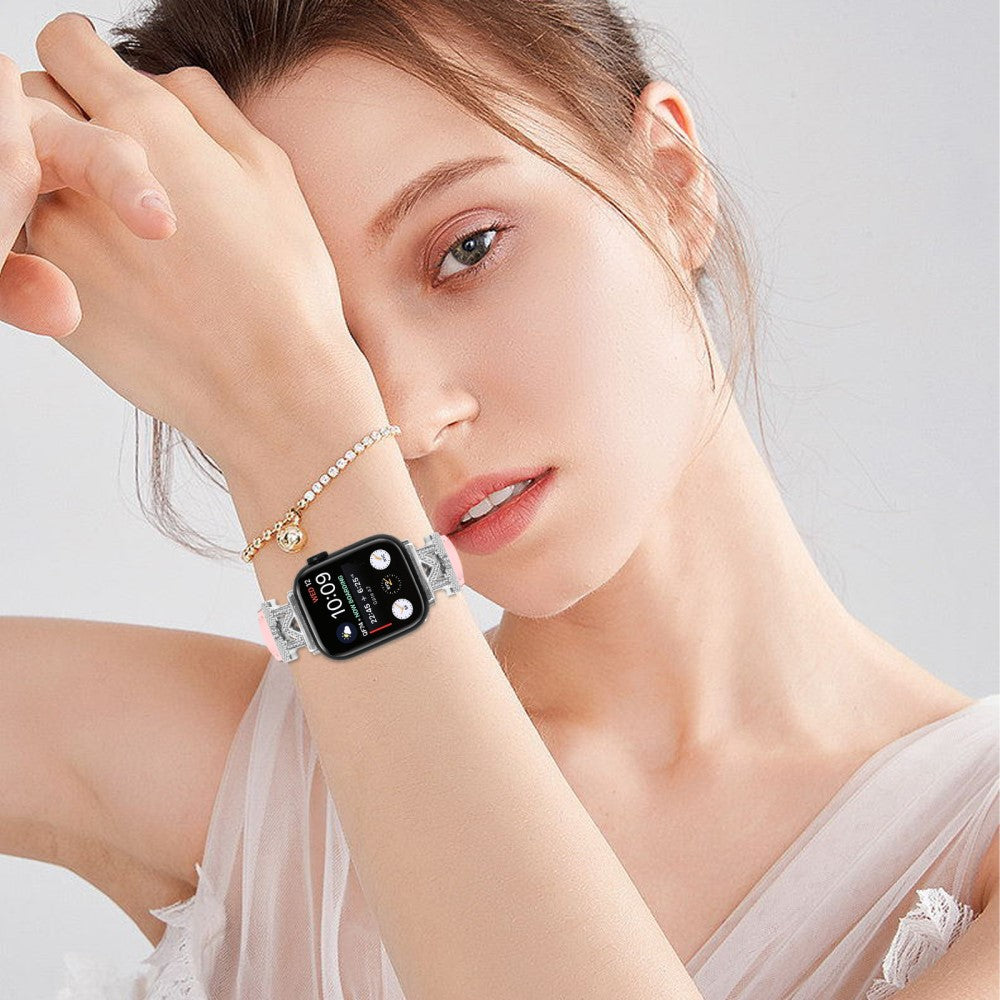 Kønt Kunstlæder Og Rhinsten Universal Rem passer til Apple Smartwatch - Pink#serie_2