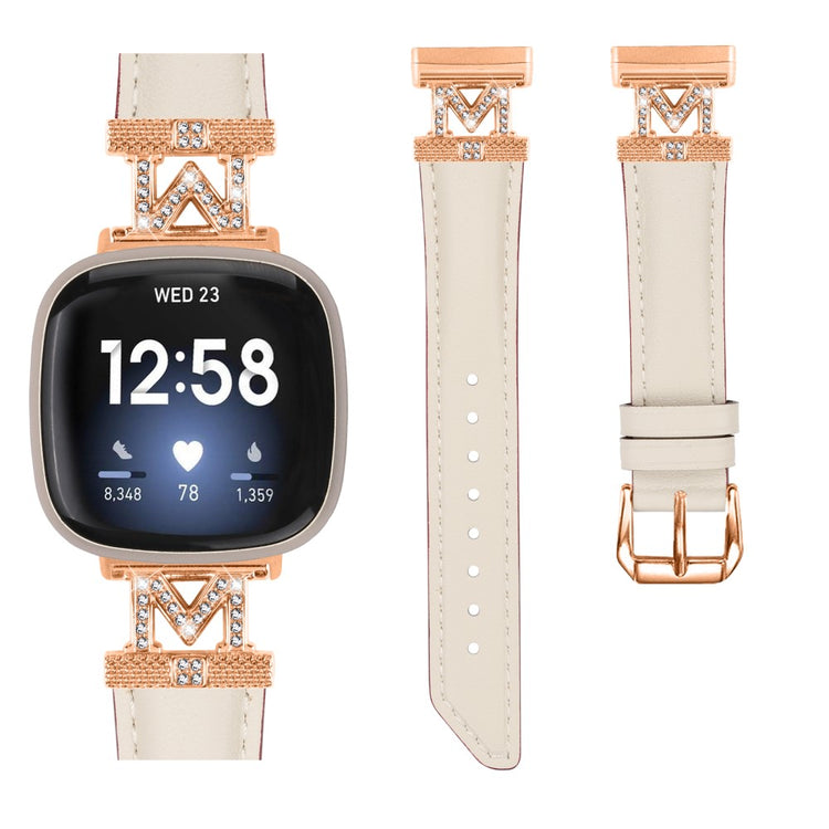 Godt Ægte Læder Og Rhinsten Universal Rem passer til Fitbit Smartwatch - Hvid#serie_1