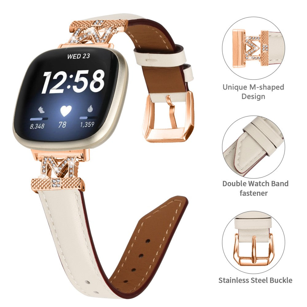 Godt Ægte Læder Og Rhinsten Universal Rem passer til Fitbit Smartwatch - Hvid#serie_1