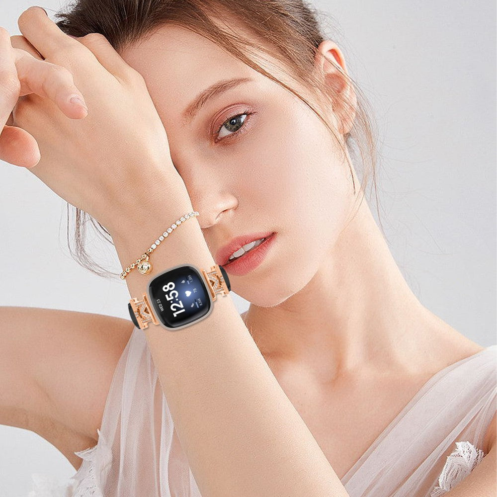 Godt Ægte Læder Og Rhinsten Universal Rem passer til Fitbit Smartwatch - Sort#serie_4