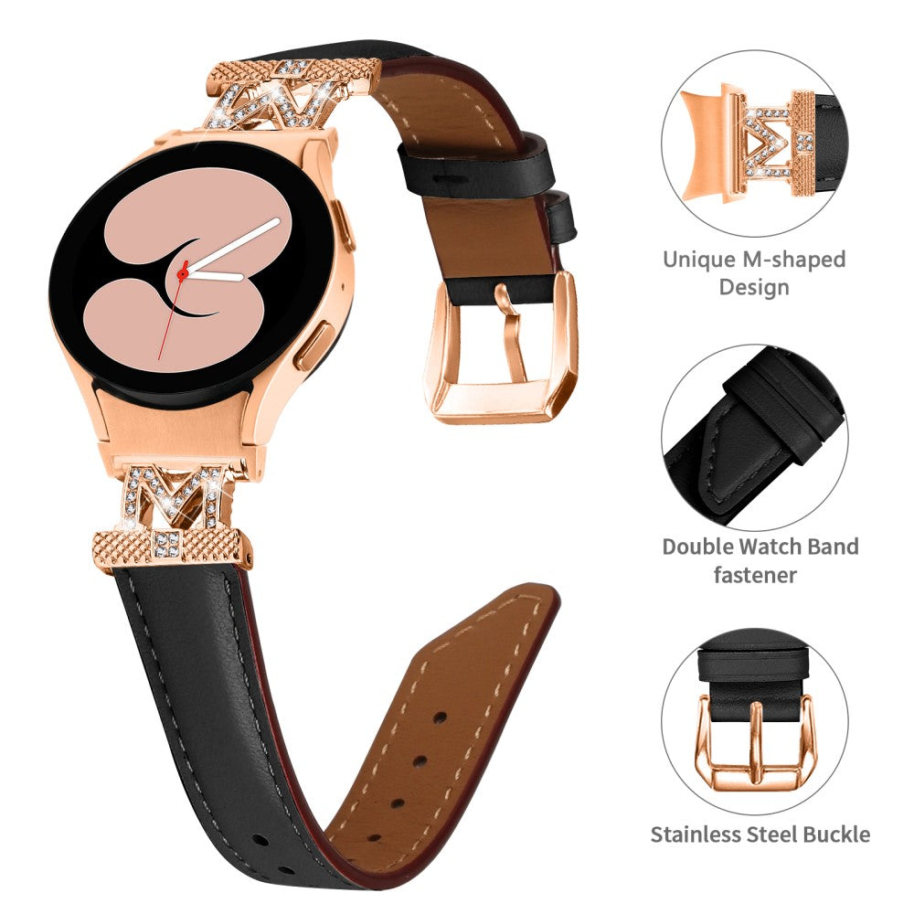 Fed Ægte Læder Og Rhinsten Universal Rem passer til Samsung Smartwatch - Sort#serie_4
