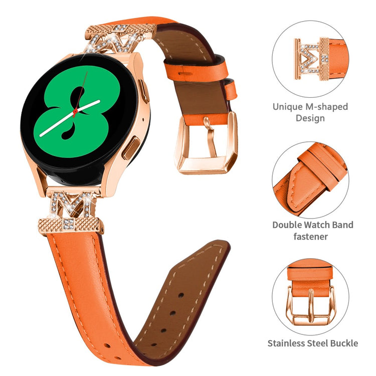 Fed Ægte Læder Og Rhinsten Universal Rem passer til Samsung Smartwatch - Orange#serie_1