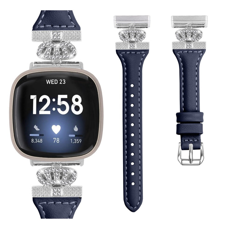 Pænt Ægte Læder Og Rhinsten Universal Rem passer til Fitbit Smartwatch - Blå#serie_3