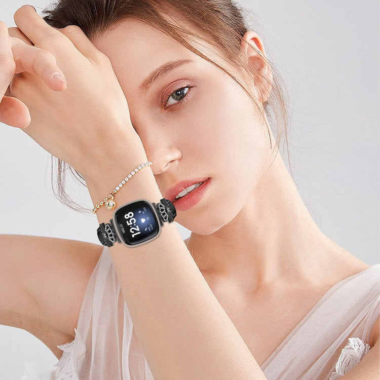 Fint Ægte Læder Og Rhinsten Universal Rem passer til Fitbit Smartwatch - Sort#serie_1