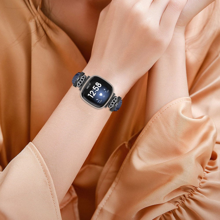Fint Ægte Læder Og Rhinsten Universal Rem passer til Fitbit Smartwatch - Blå#serie_3