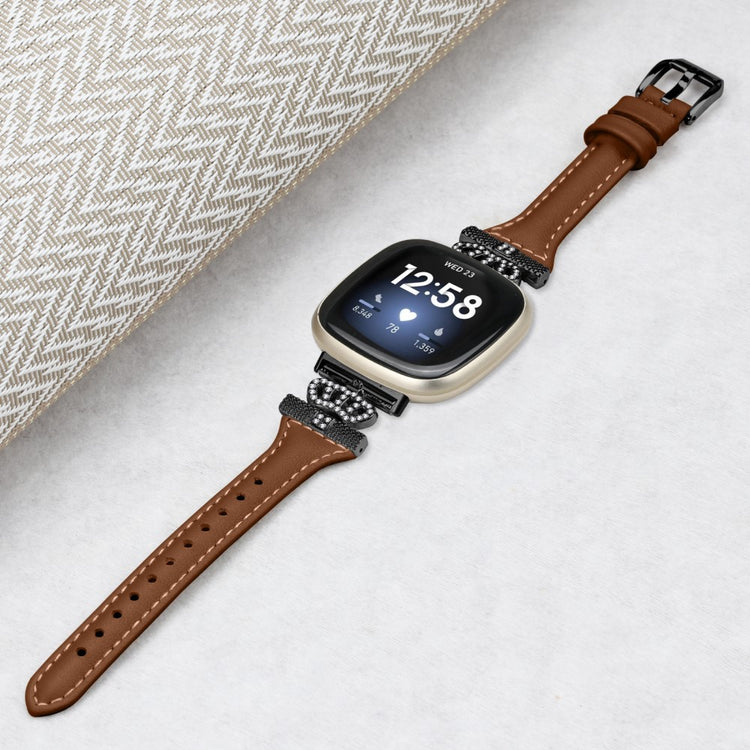Fint Ægte Læder Og Rhinsten Universal Rem passer til Fitbit Smartwatch - Brun#serie_6
