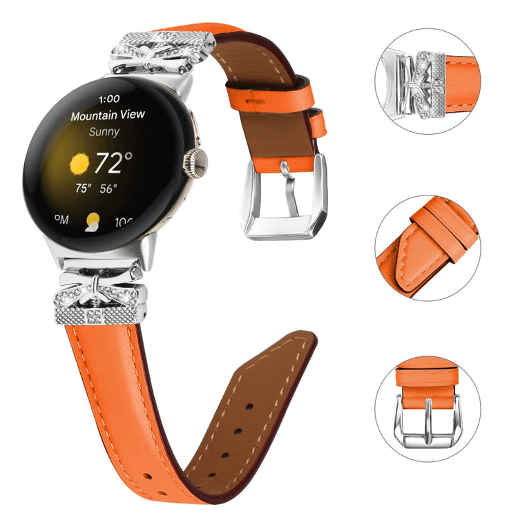 Super Smuk Ægte Læder Og Rhinsten Rem passer til Google Pixel Watch - Orange#serie_2