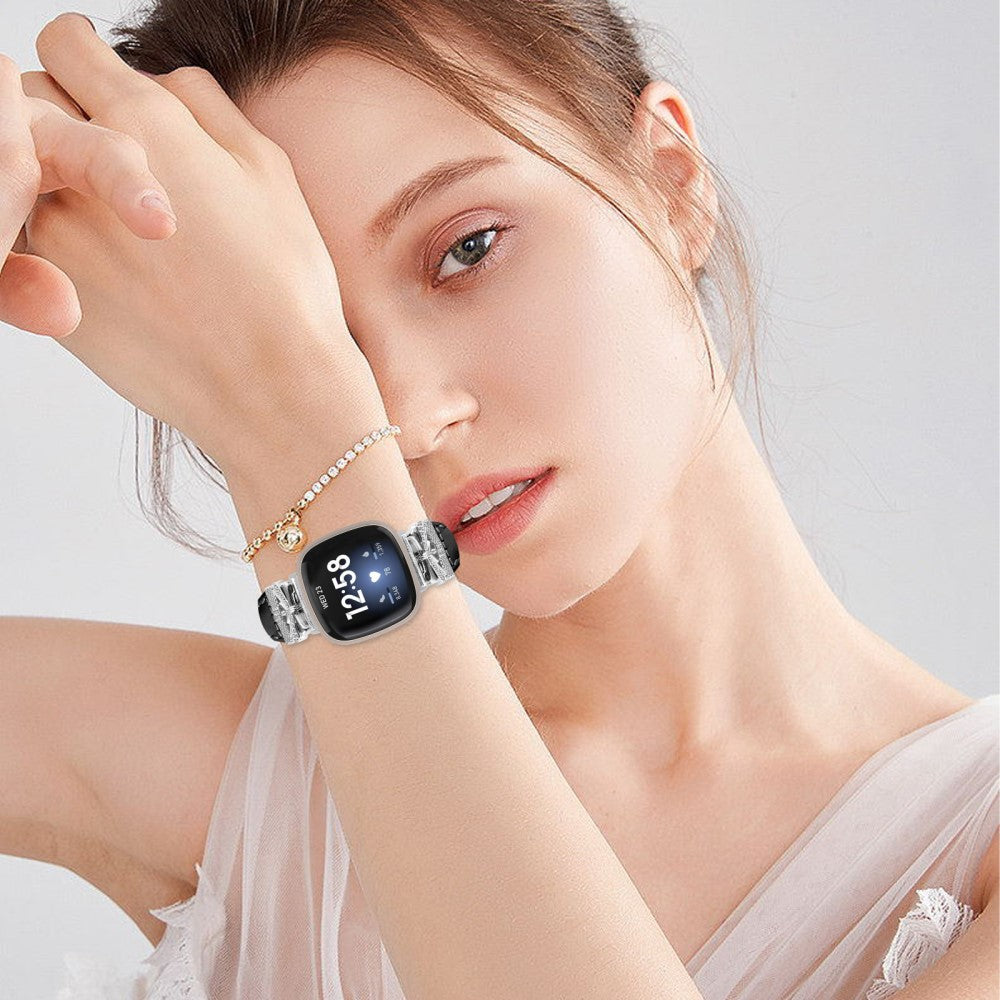Silver Buckle Watch Strap Fitbit Versa 3 / 4 / Sense / Sense 2 Butterfly Connector Adjustable Band - Black#serie_6