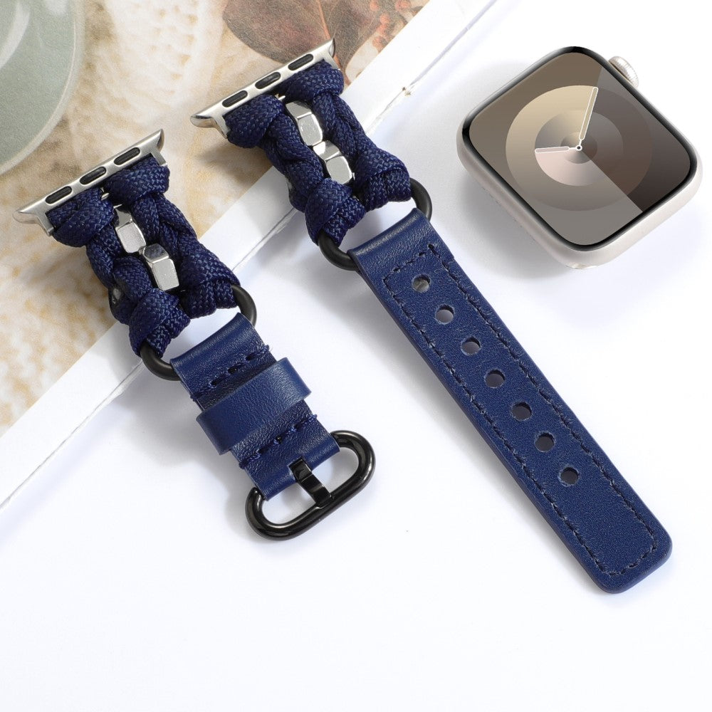 Solid Ægte Læder Og Nylon Universal Rem passer til Apple Smartwatch - Blå#serie_3