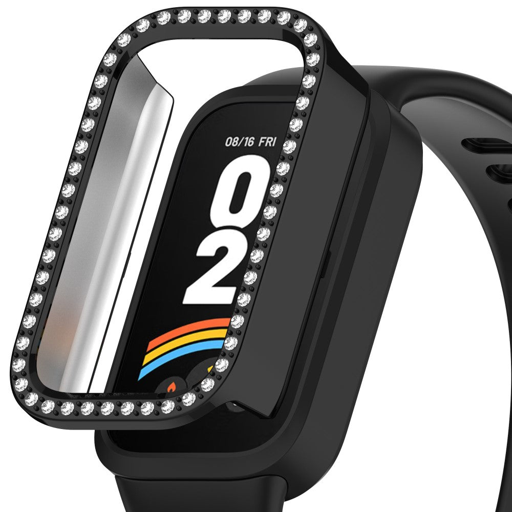Xiaomi Smart Band 9 Active / Redmi Band 3 Hollow-Out Cover Rhinestone Decor Bump Resistant Watch Frame Case - Electroplating Black#serie_1