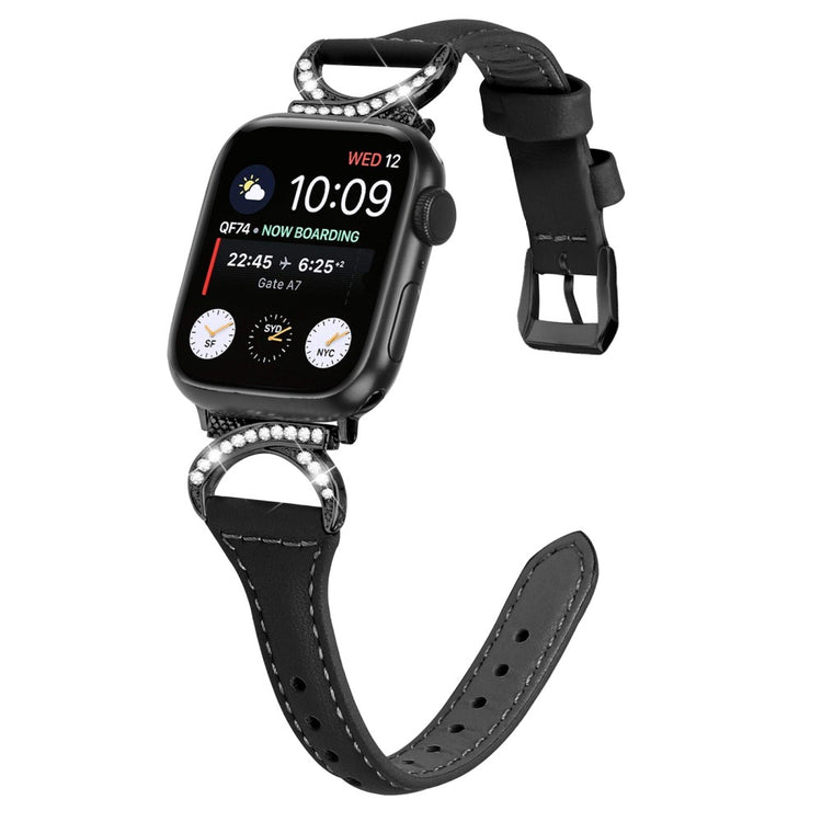 Skøn Ægte Læder Og Rhinsten Universal Rem passer til Apple Smartwatch - Sort#serie_1