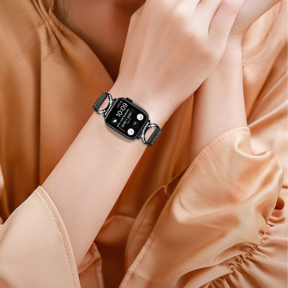 Skøn Ægte Læder Og Rhinsten Universal Rem passer til Apple Smartwatch - Sort#serie_1