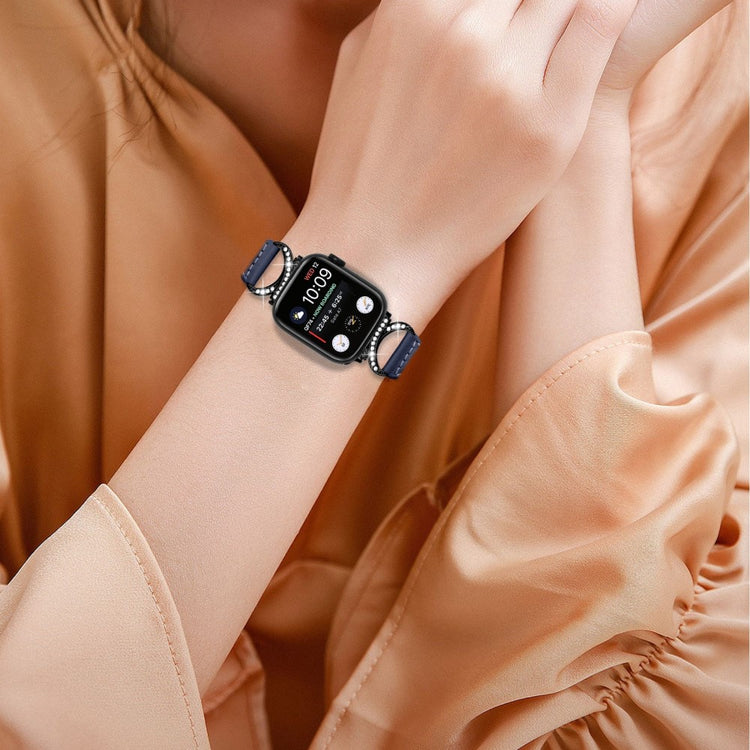 Skøn Ægte Læder Og Rhinsten Universal Rem passer til Apple Smartwatch - Blå#serie_2