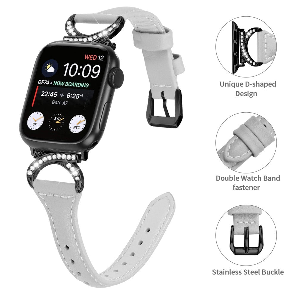 Skøn Ægte Læder Og Rhinsten Universal Rem passer til Apple Smartwatch - Sølv#serie_3