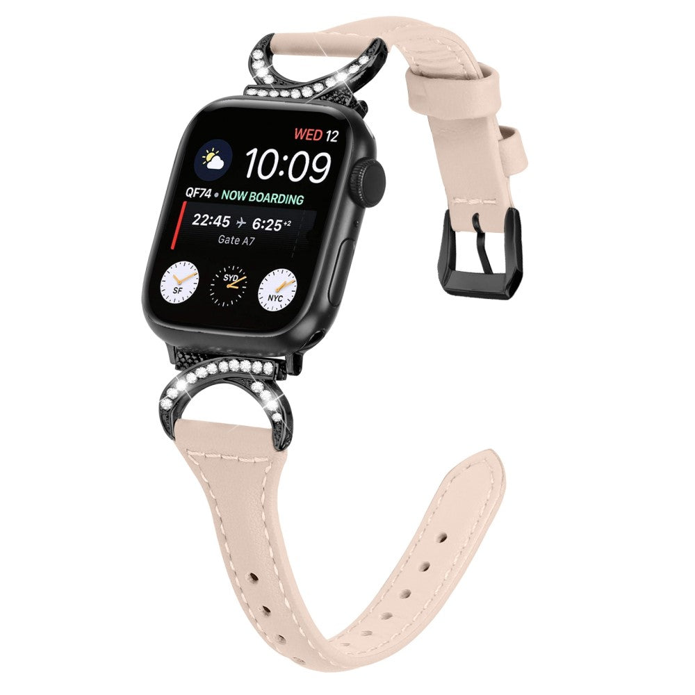 Skøn Ægte Læder Og Rhinsten Universal Rem passer til Apple Smartwatch - Beige#serie_5