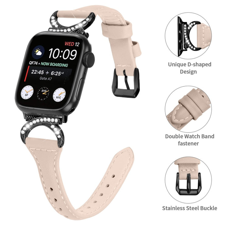 Skøn Ægte Læder Og Rhinsten Universal Rem passer til Apple Smartwatch - Beige#serie_5