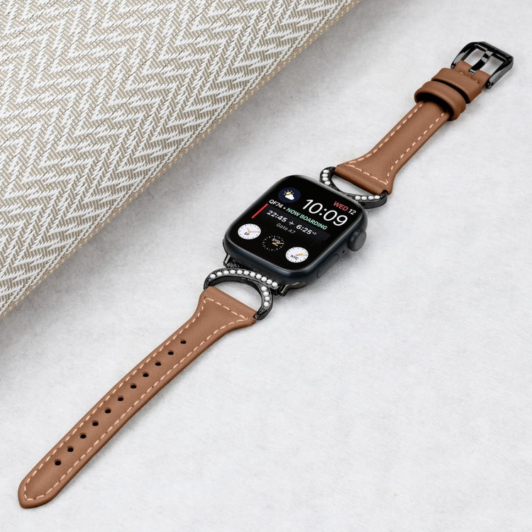 Skøn Ægte Læder Og Rhinsten Universal Rem passer til Apple Smartwatch - Brun#serie_6