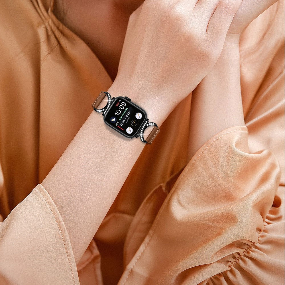 Skøn Ægte Læder Og Rhinsten Universal Rem passer til Apple Smartwatch - Brun#serie_6