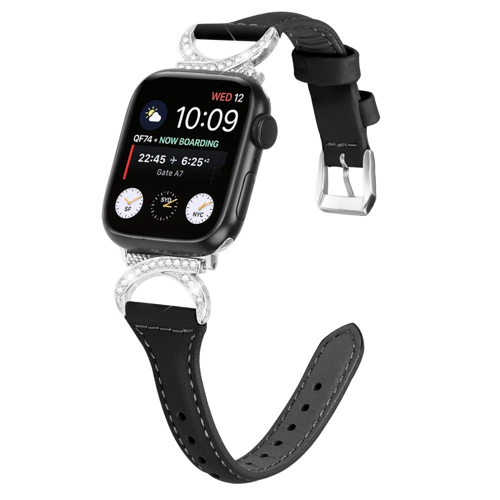 Smuk Ægte Læder Og Rhinsten Universal Rem passer til Apple Smartwatch - Sort#serie_1