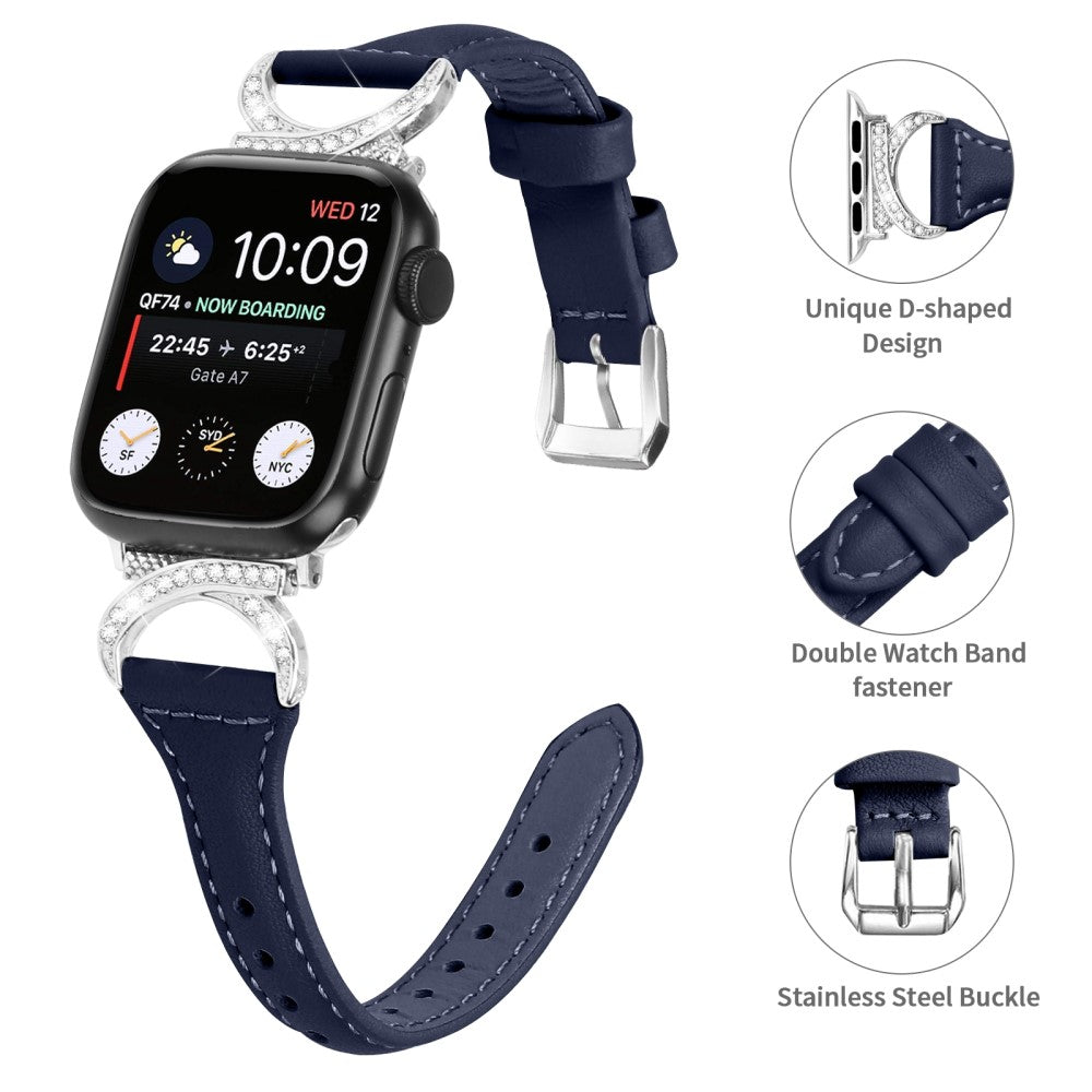 Smuk Ægte Læder Og Rhinsten Universal Rem passer til Apple Smartwatch - Blå#serie_2