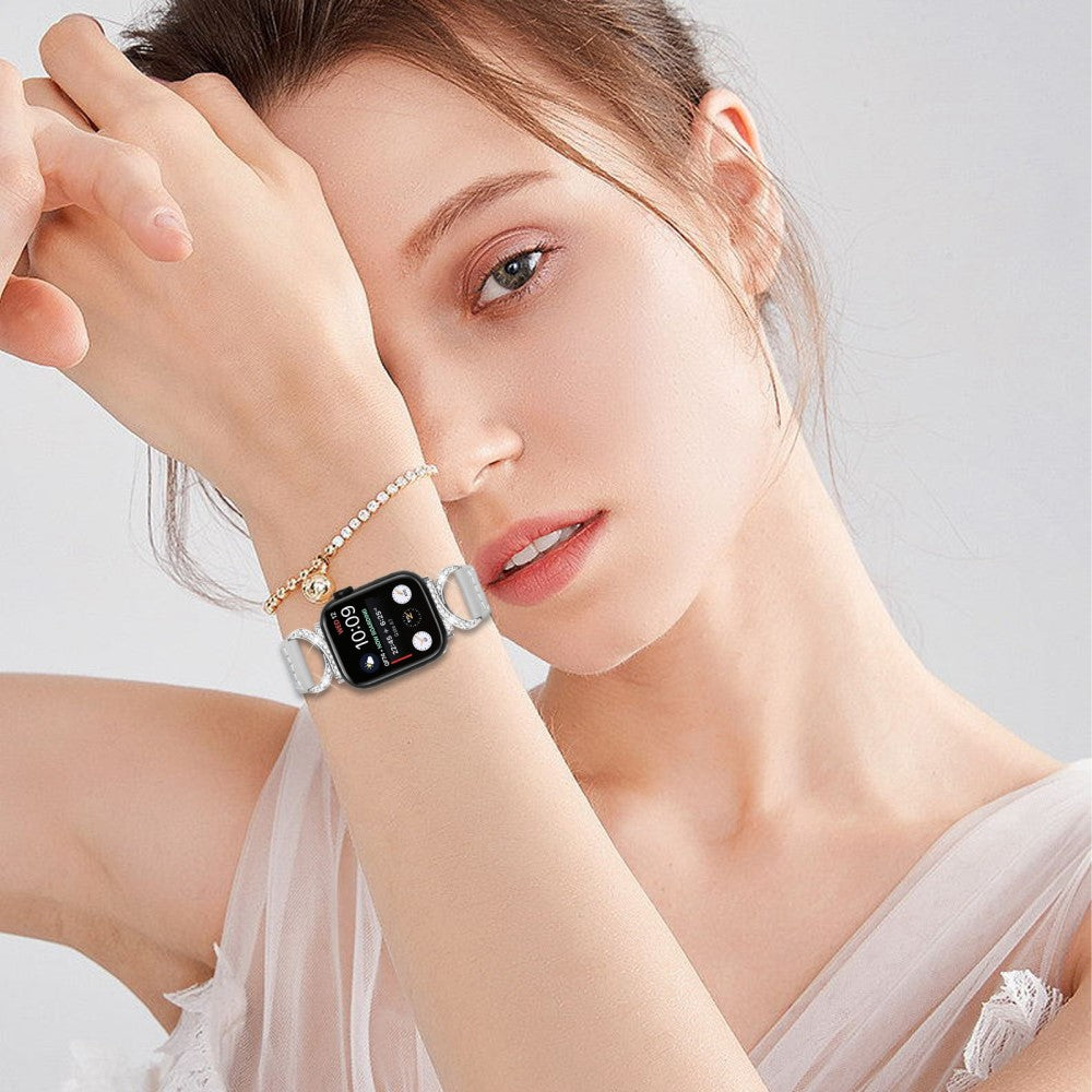 Smuk Ægte Læder Og Rhinsten Universal Rem passer til Apple Smartwatch - Sølv#serie_3