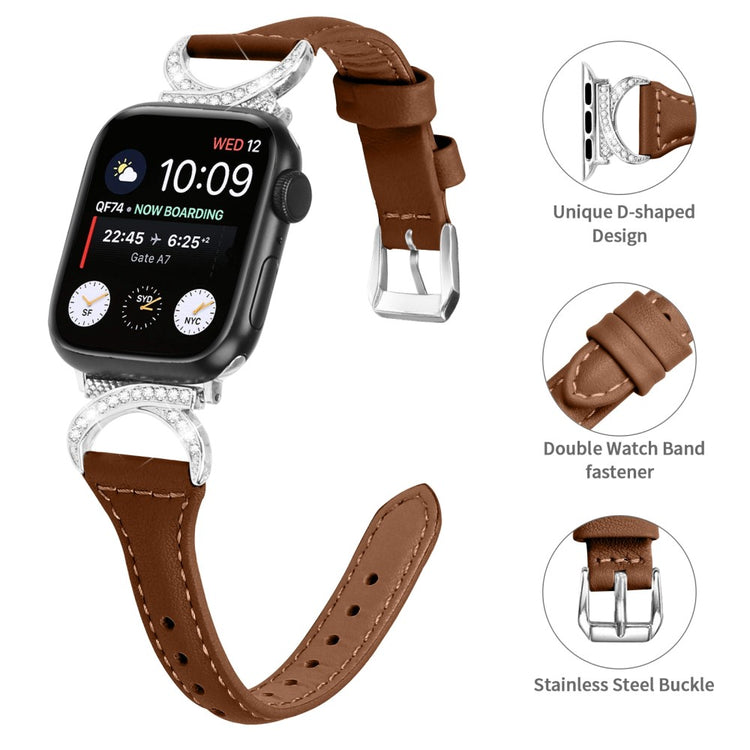 Smuk Ægte Læder Og Rhinsten Universal Rem passer til Apple Smartwatch - Brun#serie_6