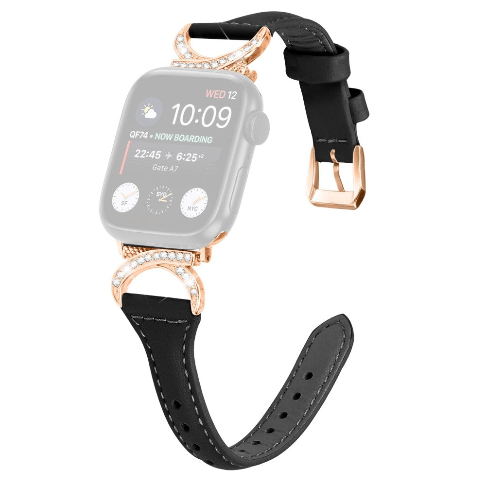 Pænt Ægte Læder Og Rhinsten Universal Rem passer til Apple Smartwatch - Sort#serie_1