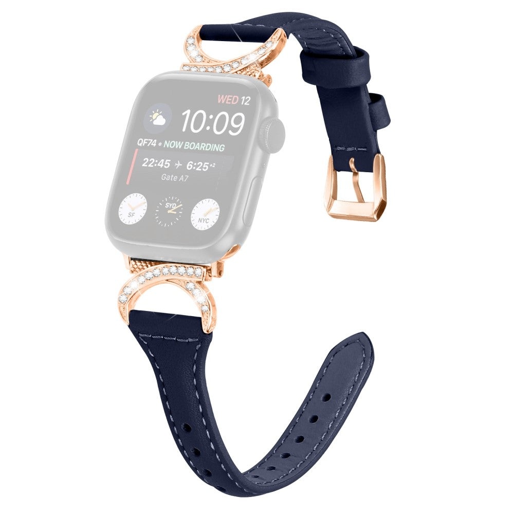 Pænt Ægte Læder Og Rhinsten Universal Rem passer til Apple Smartwatch - Blå#serie_2