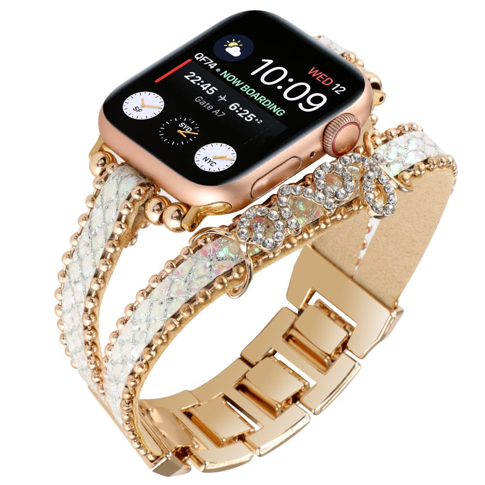 Stilfuld Metal Og Kunstlæder Universal Rem passer til Apple Smartwatch - Guld#serie_2