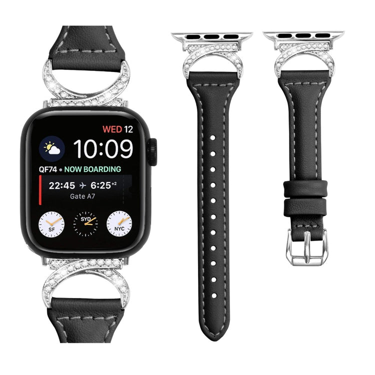 Sejt Ægte Læder Og Rhinsten Universal Rem passer til Apple Smartwatch - Sort#serie_1