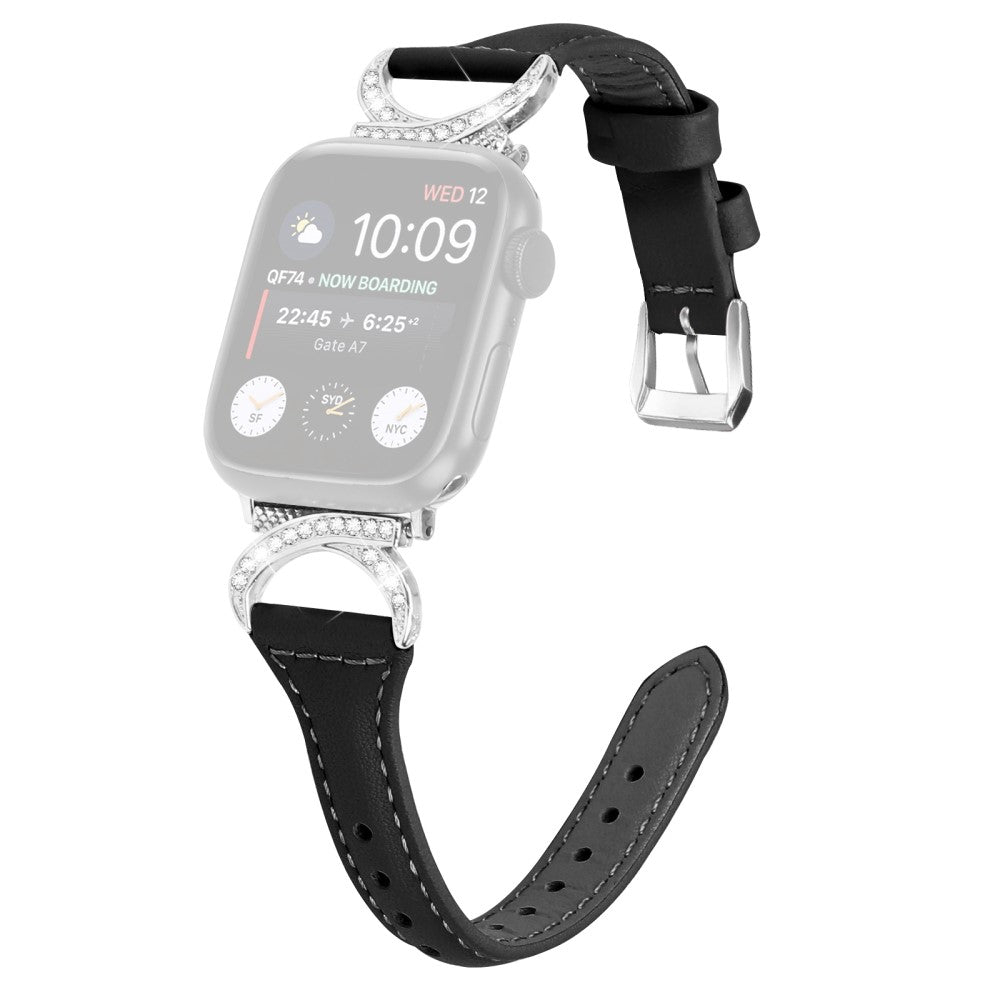 Sejt Ægte Læder Og Rhinsten Universal Rem passer til Apple Smartwatch - Sort#serie_1