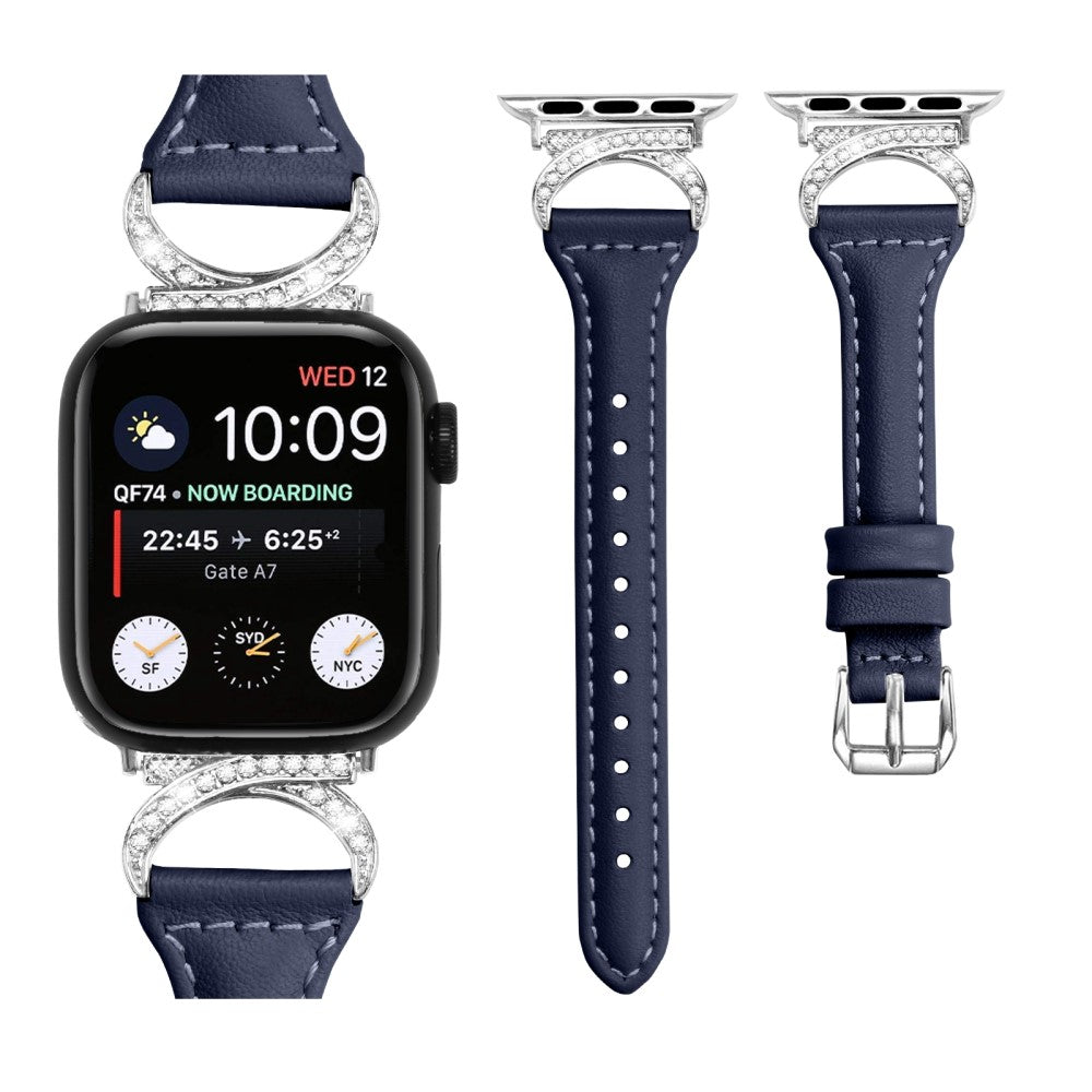 Sejt Ægte Læder Og Rhinsten Universal Rem passer til Apple Smartwatch - Blå#serie_2