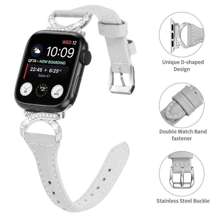 Sejt Ægte Læder Og Rhinsten Universal Rem passer til Apple Smartwatch - Sølv#serie_3
