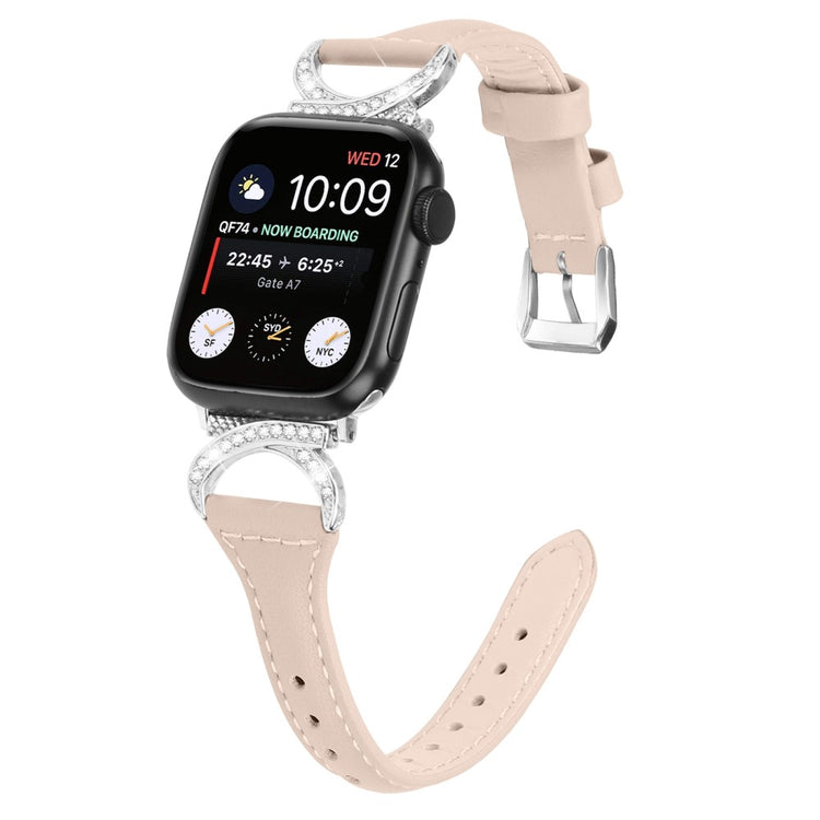 Sejt Ægte Læder Og Rhinsten Universal Rem passer til Apple Smartwatch - Beige#serie_5