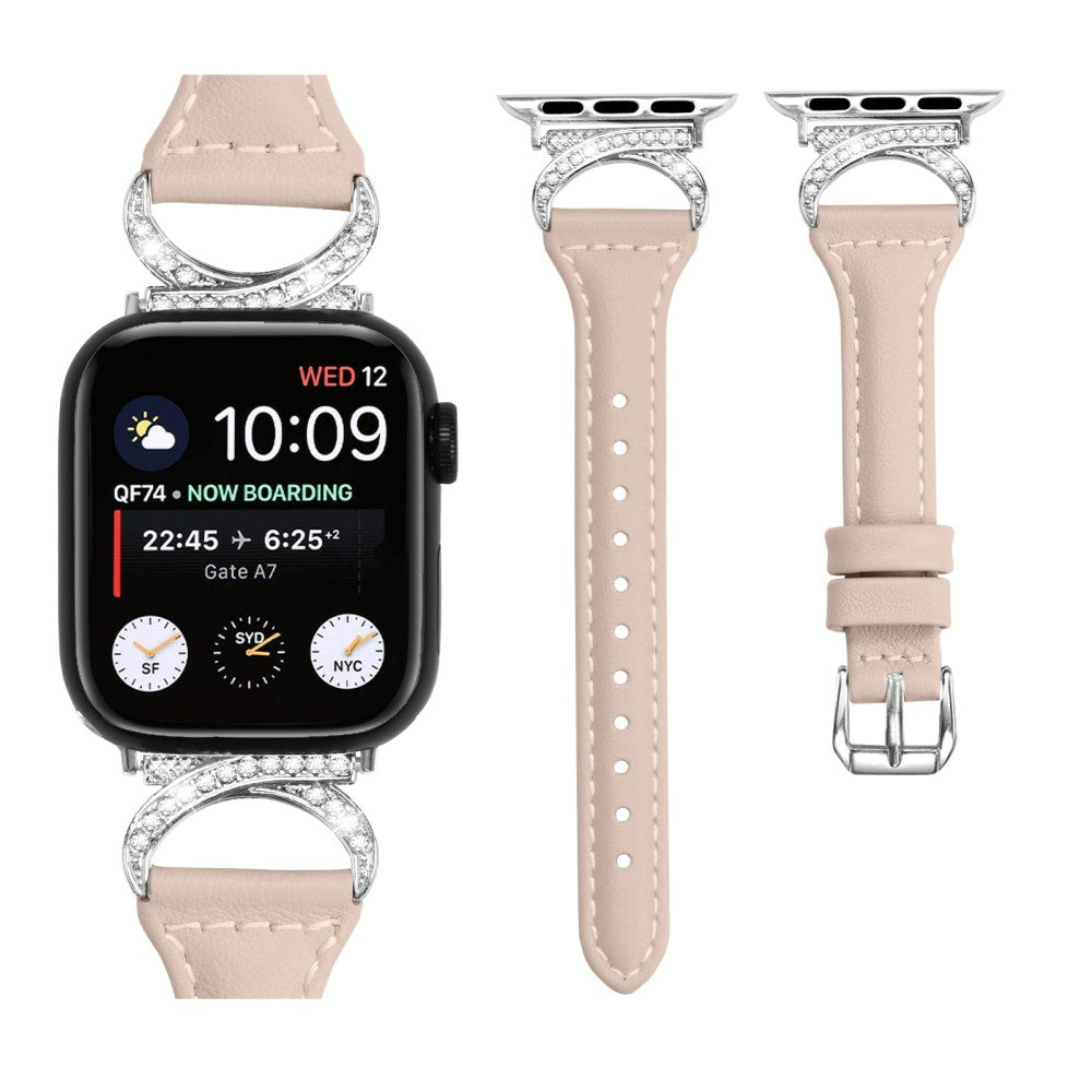 Sejt Ægte Læder Og Rhinsten Universal Rem passer til Apple Smartwatch - Beige#serie_5