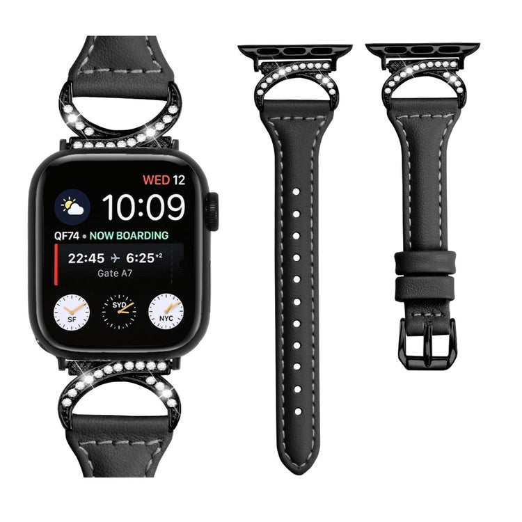 Smuk Ægte Læder Og Rhinsten Universal Rem passer til Apple Smartwatch - Sort#serie_1