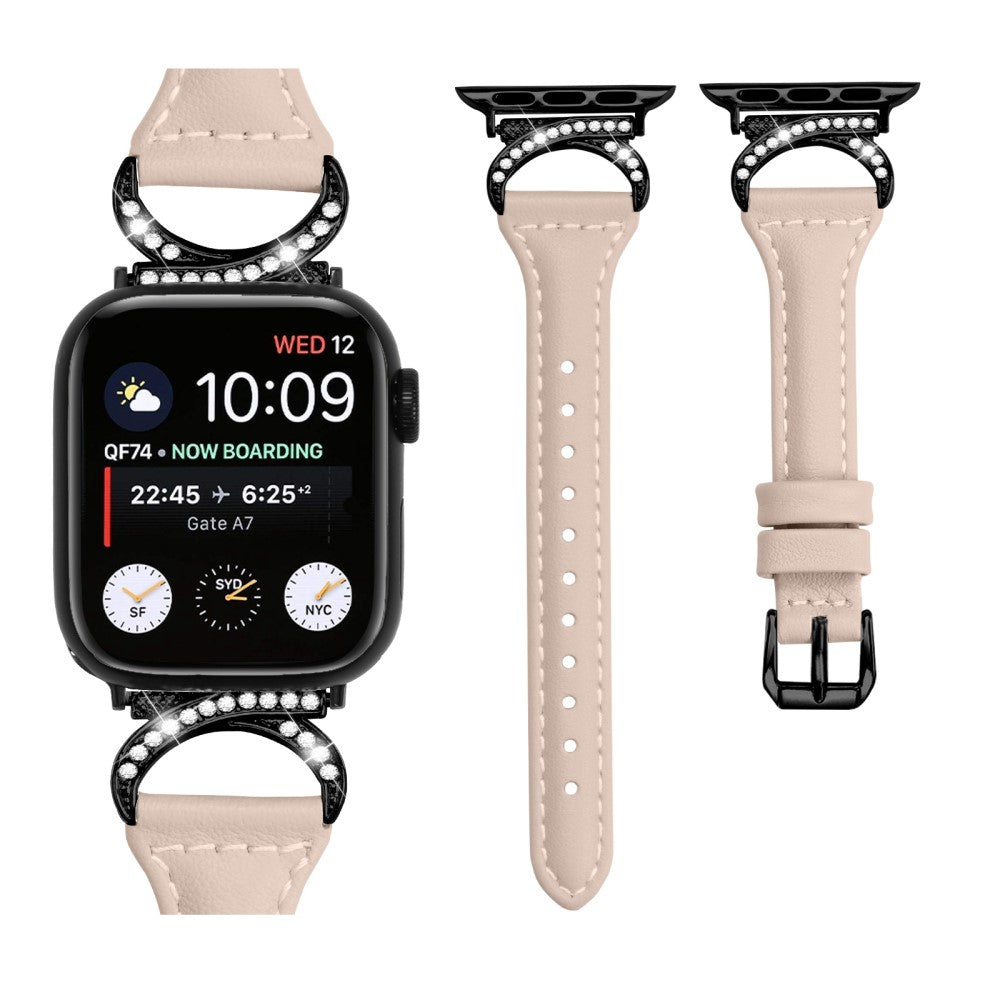 Smuk Ægte Læder Og Rhinsten Universal Rem passer til Apple Smartwatch - Beige#serie_5