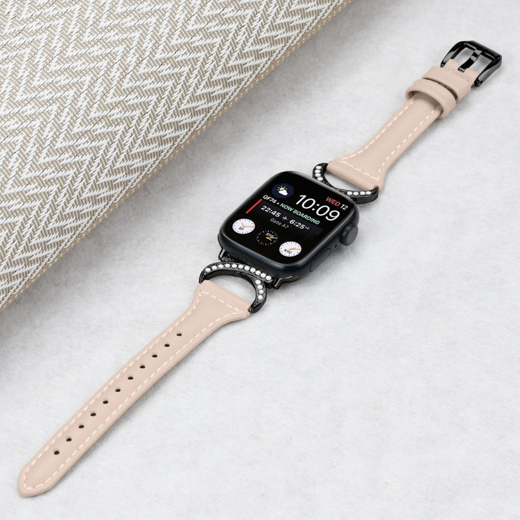 Smuk Ægte Læder Og Rhinsten Universal Rem passer til Apple Smartwatch - Beige#serie_5