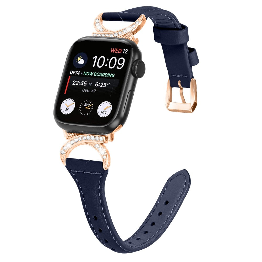 Solid Ægte Læder Og Rhinsten Universal Rem passer til Apple Smartwatch - Blå#serie_2