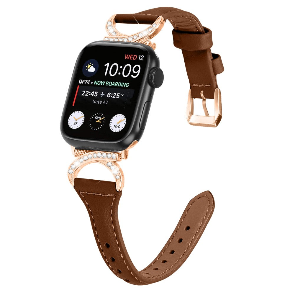 Solid Ægte Læder Og Rhinsten Universal Rem passer til Apple Smartwatch - Brun#serie_6
