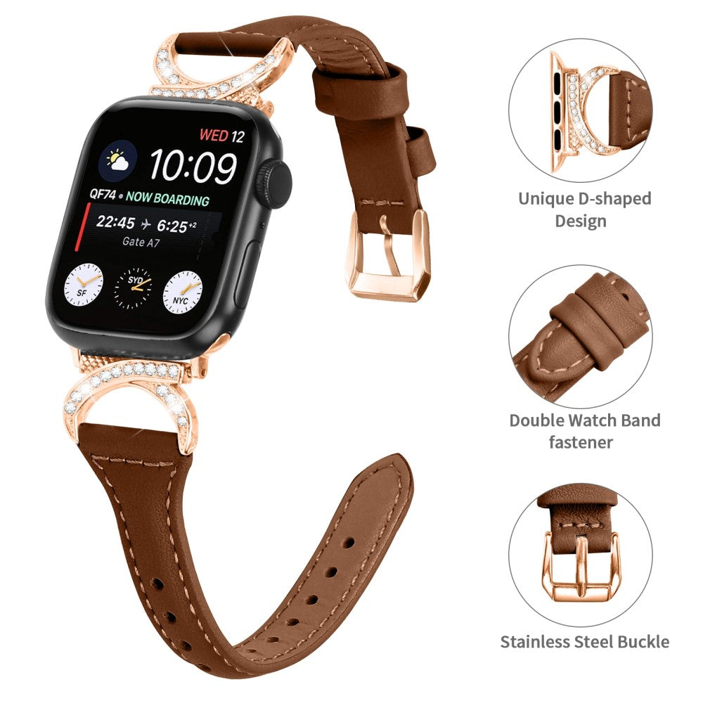 Solid Ægte Læder Og Rhinsten Universal Rem passer til Apple Smartwatch - Brun#serie_6