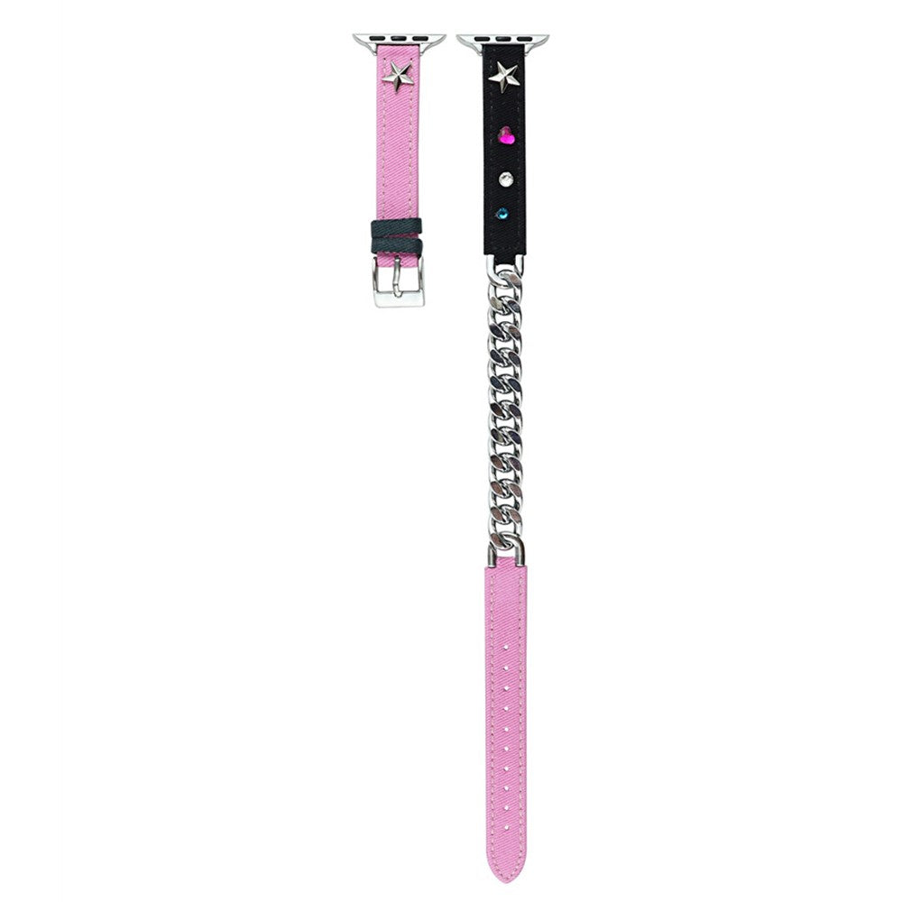 Apple Watch Series 9 45mm / Ultra 2 Genuine leather with metal chain strap - Pink / Black#serie_6